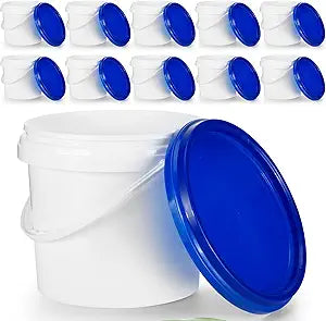 Gerrii 10 Pack White Plastic Bucket with Handle and Lid Food Storage Bucket Containers All Purpose Pail for Multipurpose Paint Water Art Crafts Projects Garage Organization (White, Blue,1 Gallon)