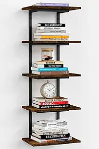 Harwaya 5 Tier Wall Bookshelf Unit for Bedroom Books, Large Floating Book Shelves Wall Mounted, Rustic Wood Lack Tiered Hanging Shelf for Kitchen Office Living Room Corner (Dark Brown)