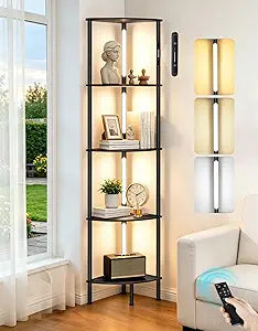 5-Tier Corner Bookshelf with LED Lights, Touch & Remote Control, 3 Color Temperatures, Dimmable Narrow Display Shelf with 1-Hour Timer for Living Room, Bedroom, Office(Black)