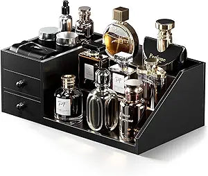 ProCase Wooden Cologne Organizer for Men, 3-Tier Elevated Wood Perfume Storage Display Shelf with Drawers, Dresser Storage Stand Riser for Fragrance Skin Care, Fathers Day Gift for Dad Husabnd-Black