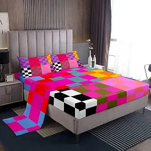 Feelyou Multicolored Checkered Retro Bedding Set Kids Boys Girls Geometric Vintage Bed Sheets Twin Size Black Red Purple Fitted Sheet Set Modern Simple Groovy Aesthetic Room Decor