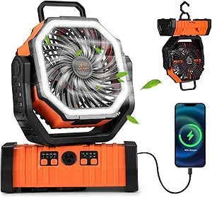 SAN HIMA Battery Powered Camping USB Desk Fan - 20000mAh Rechargeable Battery Operated, with LED Light, 4 Speed Oscillation, 360┬░ Rotation, Hanging Hook, Cordless, for Tent, Outdoor