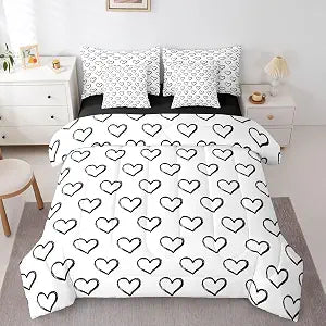 Erosebridal Heart Pattern Full Comforter Set Simple Geometric Lines 7 Pieces Bedding Black and White Hand Drawn Bed Set with Sheets Romantic Valentine's Day Bed in A Bag Bedroom Decor