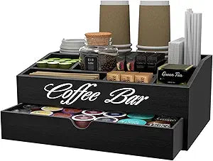 Suli Coffee Bar Station Organizer,Extra Large Wooden Countertop Pods Holder with Drawer,Storage for Condiment Syrup Tea Cups,Rustic Bar Decor for Accessories Organizer (2 Tiers 11 Compartments)-Black