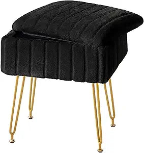 FUXA Vanity Stool Chair with Storage, Faux Fur Makeup Chair with 4 Metal Legs and Anti-Slip Feet, Soft Padded Seat, Small Footrest Footstool Ottoman, Multifunctional Stool for Bedroom, Black