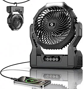 XZK 36000mAh Rechargeable Camping Fan, 98H Runtime Battery Powered Portable Travel Fan with LED Light, Tent Fans for Indoor,Outdoor,Fishing,Jobsite & Hurricane Emergency,Gifts for Men Dad Him,Black