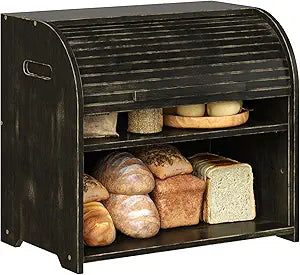 Trironsun Bamboo Roll Top Bread Box for Kitchen Countertop Large Capacity Bread Storage Bin 2 Layer Wooden Bread Storage Organizer Natural Breadbox for Food Storage (Antique Black)