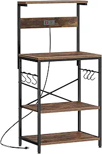 SUPERJARE Kitchen Bakers Rack with Power Outlet, Coffee Bar Table 4 Tiers, Kitchen Microwave Stand with 6 S-shaped Hooks, Storage Shelf Rack for Spices, Pots and Pans - Rustic Brown