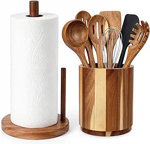 2 PC Acacia Wood Kitchen Storage Set, 360 Rotating Wooden Utensil Holder for Counter, Wood Paper Towel Holder Countertop, Suitable for Farmhouse Kitchen Tabletop and Cabinet Storage
