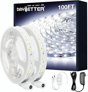 DAYBETTER White LED Strip Light, 100 ft Dimmable Strip, 6500K 24V Lighting Strips, 1800 LEDs 2835 Tape Lights for Bedroom, Kitchen, Mirror, Home Decoration(2 Rolls of 50 ft)
