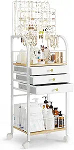 Keebofly Jewelry Organizer Stand with 3 Drawers, Large Necklace Holder & Earring Organizer Rack, Wooden Jewelry Tree Tower for Rings, Bracelets, Sunglasses and Skincare, Gift for Women, White