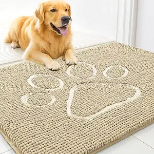 MUDGUARD MAT Dog Door Mat with Paw Design for Muddy Paws, Super Absorbent Microfiber, Non-Slip Indoor Mat, Quick-Dry Chenille Rug for Pets & Entryway, Machine Washable, Beige 24" x 60"