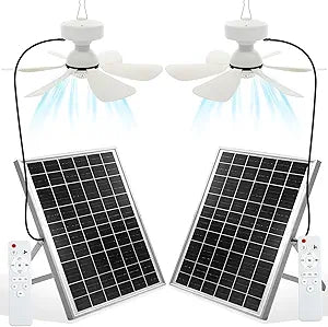 2 Set Solar Ceiling Fan Light Kit, 25W Solar Powered Rechargeable Gazebo Fans with 3 Color Light and Remote Control, Portable Fan for Outdoor Patio Canopy Shed Rv Porch Chicken Coop Camping Tent