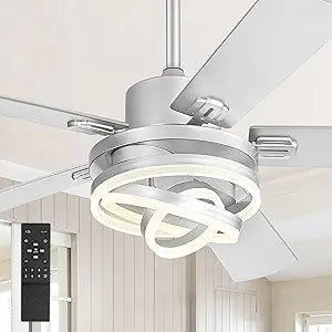 52" Modern Ceiling Fans with Lights,Silver Chandelier Fan with 6-Speed Dimmable LED and Quiet Reversible DC Motor,Rustic Fandelier Ceiling Fan with 5 Dual Finish Blades for Bedroom Living Room