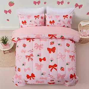 Btargot 5 Piece Blush Bowknot Comforter Set for Girls Kids, Twin Size Cartoon Strawberries Bow Tie Bedding Set, Bed in a Bag with Comforter, Sheets and Pillowcases