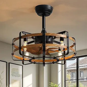 Caged Ceiling Fans with Light Farmhouse, 21 Inch Flush Mount Vintage Fandelier Rustic Chandeliers Ceiling Fan Remote for Bedroom, Kitchen, Living Room, Dining Room (Wood)