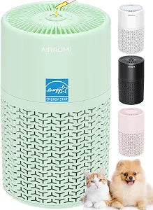 AIRROMI Pets Air Purifier for Home Allergies,Up to 660 ft. HEPA Deodorizing Activated Carbon Filter,With Fragrance Sponge for Better Sleep,Night Light,Pet Dander,Smoke,Odors,Air Cleaner A2002 Green