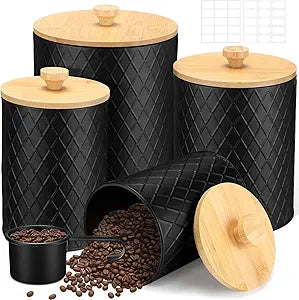 Reallnaive 4 Pcs Black Coffee Canister Set for Kitchen Countertop Bar Flour Sugar Tea Storage Container Farmhouse Metal Spice Jar with Airtight Bamboo Lid Spoon & Labels Housewarming Gift (4 Sizes)