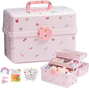 Hair Accessories Organizer for Girls Headbands, Clips, Ties Baby Girl Supplies, Lockable Three-layer Folding Craft Organizers and Storage Plastic Jewelry Box, 11.4x6.3x6.3in
