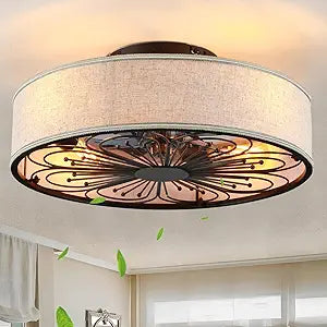 20" Boho Rattan Caged Ceiling Fan with Light,Low Profile Flush Mount Bladeless Ceiling Fan with Remote Control, 6 Speeds Reversible Silent Motor, Farmhouse Fabric Fandalier for Bedroom,Living Room