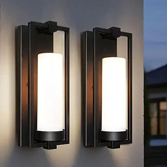 ALVIME Modern Black Outdoor Wall Light Fixtures, 15 Inch 2 Pack Outdoor Wall Sconce for House, Waterproof Exterior Lighting Fixtures for Garage, Doorway, Porch, Patio, E26 Base&Etched Opal Glass
