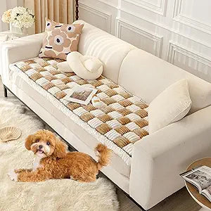 VClife Soft Fuzzy Couch Cover for Dog, Modern White Khaki Patchwork Couch Cover, Non-Slip Pet Friendly Sofa Cover Multi-Functional Furniture Protector, Washable Pet Bed Mat for Couch, 27.6" x 82.7"