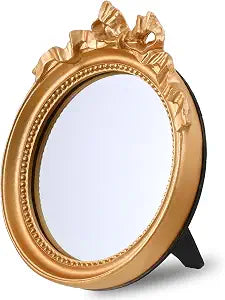 Small Wall Mirror 4.2'' Gold Vintage Makeup Desk Mirror Traditional Roundness Table Mirror Antique Mirror with Resin Frame Decorative Hanging Mirror for Bedroom Bathroom Tabletop Wall