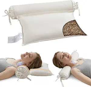 LOFE Buckwheat Pillow - 3 Point Support Buckwheat Hull Pillow for Less Pain, 2IN1 Tartary Buckwheat Neck Roll Pillow for Best Support, Adjustable Cervical Neck Pillow with Organic Cotton Pillowcase