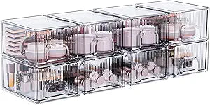 ZHIAI 8 Pack Clear Stackable Storage Drawer, Acrylic Drawer, Cosmetic Organizer, Plastic Organizer for Dresser, Under, Kitchen Cabinet, Pantry, Home Organization and Storage