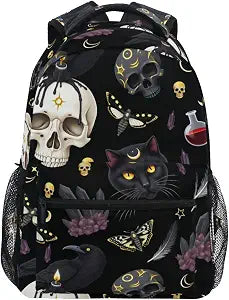 Mnsruu Student School Bag Goth Skull Moth Backpack for Girls Boys College Bookbag Laptop Rucksack Travel Backpack for Adult Teen Casual Daypack