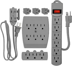 7 Piece Power Value Pack Multi-Outlet Kit Set Includes 6 Outlet Power Strip, 6 Outlet Extender, 3 Outlet Extender, 5 Ft Indoor Extension Cord, 3 Pcs 3 to 2 Prong Adopters, Gray