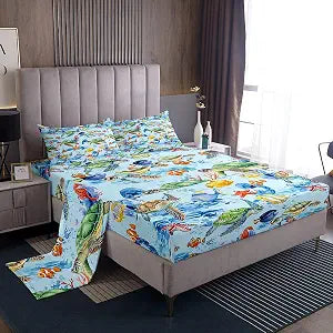 Cartoon Sea Animals Bed Sheet Set Twin Size,Kids Watercolor Fish Starfish Coral Sea Turtle Sheet Set Room Decor,Blue Ocean Underwater World Bedding Set for Boys Teens,(1 Fitted+1 Flat+1 Pillowcase)