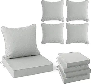 Summsun Patio Cushions for Outdoor Furniture, Faux Linen Water Resistant Backrest and Deep Seat Cushion Set with Non-Slip Bottom, Ties, Removable Cover, 24 x 24 Inch, Light Grey, Set of 4