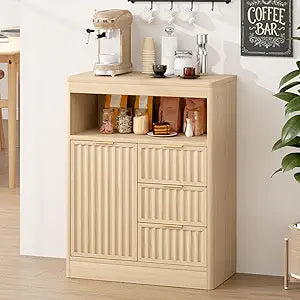 Coffee Bar Cabinet with Storage, Fluted Buffet Sideboard Cabinet with 3 Drawers & Adjustable Shelf, Rounded Edge Modern Storage Cabinet for Dining Room, Kitchen, Living Room, Entryway, Oak