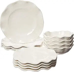 Perlette Off-White Beaded 12-Piece Dinnerware Set  Includes 4 Dinner Plates, 4 Salad Plates, 4 Bowls (7.5" x 2", 22 oz)  Elegant Unbreakable Melamine, Heavyweight, Perfect for Indoor/Outdoor Dining