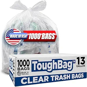 ToughBag 13 Gallon Clear Trash Bags, 24 x 33" Can Liners (1000 COUNT)  Bulk Trash Bag 13 Gallon Tall Kitchen 1000 - Made In USA