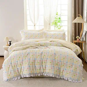 NTBED Twin Gingham Kids Comforter Set for Girls,Plaid Farmhouse Ruffled Bedding Sets,5 Pieces Checkered Bed in a Bag(Multi)