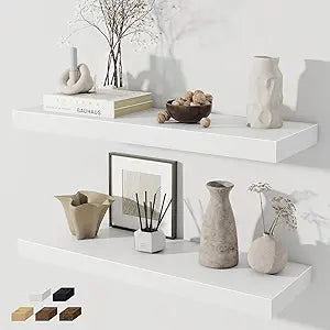 Fun Memories White Floating Shelves for Wall Set of 2, 28" White Floating Shelves for Home Decor, Rustic Wood Wall Mounted Shelf, Hanging Deep Shelf for Living Room, Bedroom, Bathroom, Kitchen