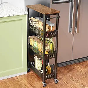 XYZLVSI Slim Storage Cart 4 Tier Narrow Kitchen Rolling Cart on Wheels for Small Space, Mobile Utility Cart Shelving Unit with Wooden Top and Metal Handle for Kitchen, Bathroom, Laundry Room