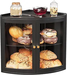 Trironsun Bamboo Corner Bread Box for Kitchen Counter with Acrylic Transparent Door Large Capacity Bread Holder Double Layer Bread Storage Container for Homemade Bread (Black)