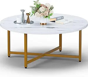FAMIDGE Coffee Table, 31.5" Large Round Coffee Table for Living Room, Center Tables for Family & Office Use, Outdoor Coffee Table Round, Large White&Glod(31.5" D x 17.7" H)