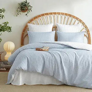 Striped Duvet Cover Full 100% Washed Cotton Duvet Cover Set, Blue White Wide Stripes, Linen Like Textured, Soft Breathable Cotton Bedding 3 Pieces