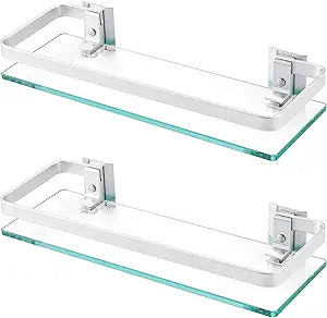 KES Glass Shelves for Bathroom, Floating Tempered Glass Shelves 14 Inch Aluminum Extra Thick 2 Pack Rectangular Storage Organizer Wall Mount Silver, A4126A-P2