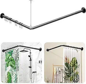 L Shaped Shower Curtain Rod - [39''-69''] x [55''-85''] Adjustable Corner Shower Rod, 90 Degree Shower Rod Bar for Bathroom Bathtub, Clothing Store with 12 Ring Hooks Ceiling Support