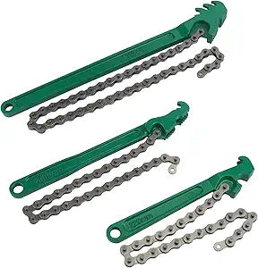 3 PCS Chain Wrench Set, Green Adjustable Chain Oil Filter Wrench (9", 12", 16"), Heavy Duty Carbon Steel Pipe Wrench for Automotive Repair & Plumbing