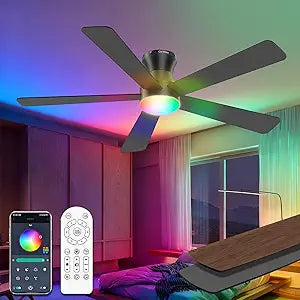 Carrefour 48 Inch Ceiling Fans with Lights Remote and App Control, Low Profile Flush Mount Modern Ceiling Fan with RGB Light, 6 Speeds Reversible DC Motor, Dimmable 3 CCT for Bedroom, Living Room