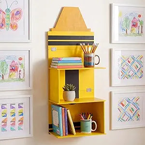 Novabright Crayon Wall Mounted Bookshelf 35.4 Inch Back to School Crayon Classroom Reading Corner 3 Tier Wooden Bookcase Storage Shelf for Nursery Preschool Daycare Classroom Furniture Decor
