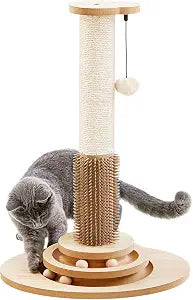 Made4Pets Cat Scratching Post, 23" Tall Sisal Cat Scratcher Post with Self Groomer, 4-in-1 Interactive Trackball Toys with Hair Brush, Vertical Cat Climbing Tree with Dangling Plush Balls