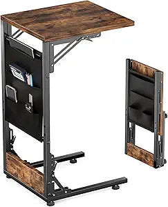 Folding TV Tray Table, Small Folding Side Table with Storage Bag, Portable C Shaped End Stand for Couch Sofa Bed, Rustic Brown