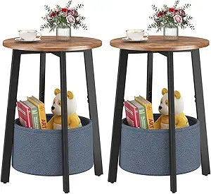 sthmec Small Round Side End Table Set of 2 with Cloth Storage Basket, Round Bedside Sofa Couch Coffee Tables for Small Places with Metal Frame, Modern Nighstands for Living Room Bedroom,Rustic Brown